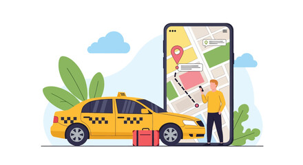 Convenient flat vector illustration: A man with luggage calls a taxi service using his phone, with a yellow taxi cab and a map displayed nearby. Urban transportation solution