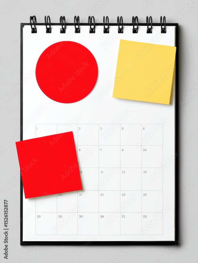 Poster calendar with colorful sticky notes and a red circle indicating important dates and reminders