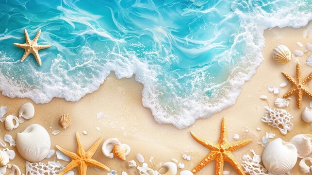 A beach scene with a blue ocean, waves, and seashells on a sandy beach.