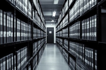 Compliance and governance archive showcasing organized records in a storage facility with rows of files and a closed door at the end of a narrow aisle