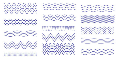 Set of corrugated blue waves, line flat vector wriggle decoration, vawes line set