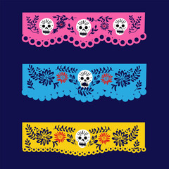 Mexican papel picado frame border set -  rectangular  with flowers and leaves, arch design with skull patterns for dia de muertos celebrations.