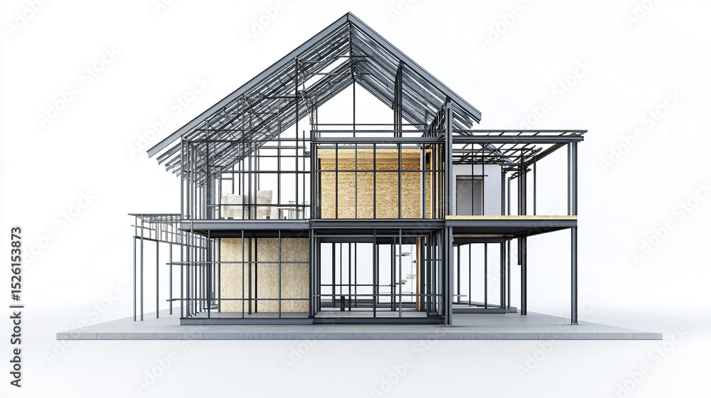 Poster modern steel frame house design showcasing lightweight metal framework and open spaces