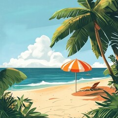 Obraz premium A vibrant tropical beach scene with a colorful umbrella and palm trees, set against a clear blue sky with fluffy white clouds.