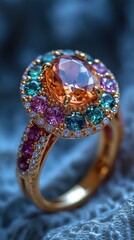 Exquisite gemstone ring with multicolored gems on a blue velvet background.
