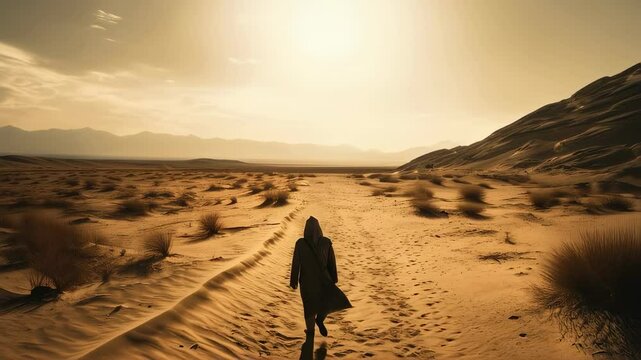 Desert wanderer walking towards the horizon. Man in a cloak traveling in the desert. Christianity journey footage.