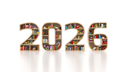 New Year 2026 Creative Design Concept with Book Shelf - 3D Rendered Image	
