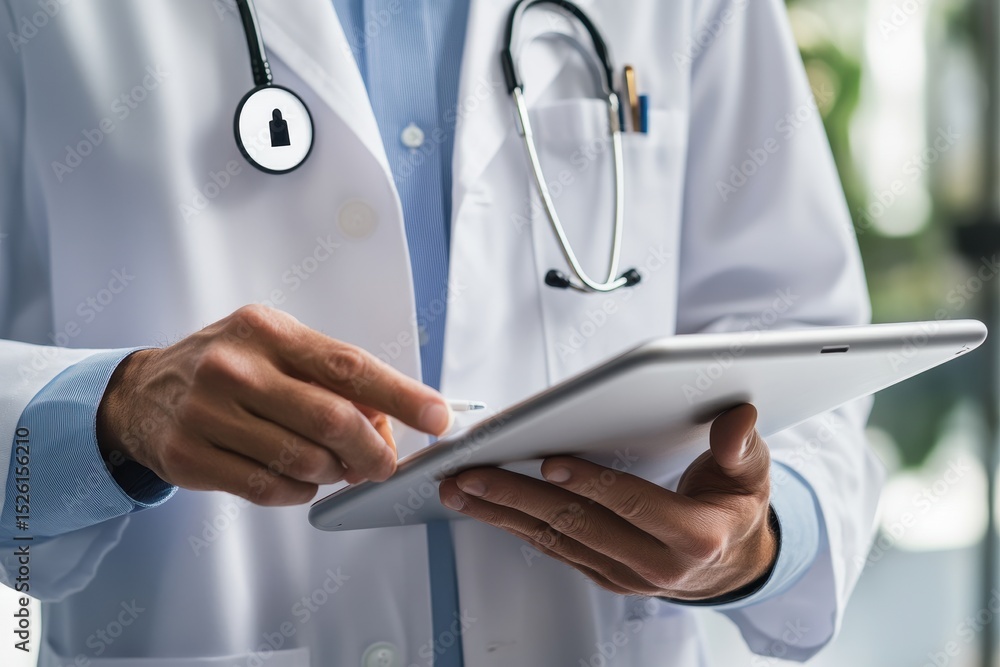 Poster doctor analyzes patient data on a secure tablet during a consultation in a modern clinic setting in 