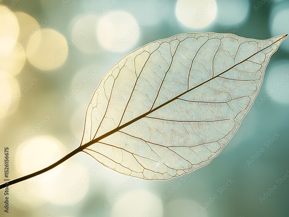 Poster delicate transparency: ethereal leaf skeleton against a bokeh background