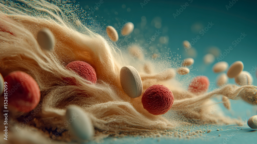 Poster capsules and tablets swirl through fibers and powder in an abstract, dynamic composition on a teal b