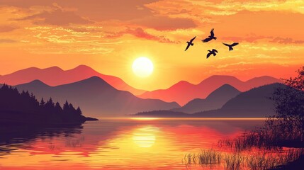 A serene sunset over a tranquil lake with mountains in the background, featuring a flock of ducks flying in the sky.