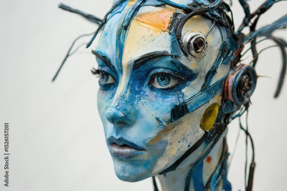 Poster futuristic cybernetic humanoid portrait showcasing intricate design and detailed features with techn