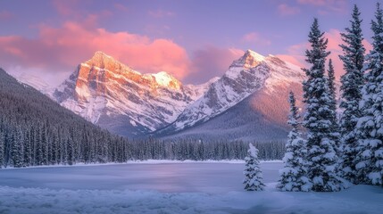 A serene winter landscape with snow-covered mountains, a frozen lake, and evergreen trees in the foreground.