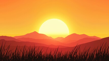 A serene sunset over a mountain range with a grassy foreground.