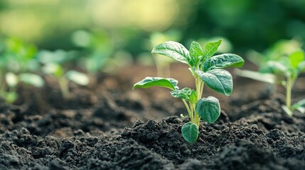A young plant growing in a garden bed with a blurred background.