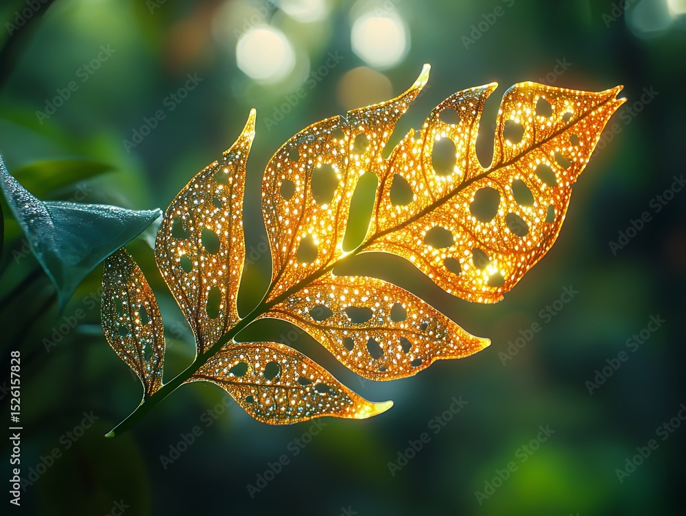 Poster golden leaf with intricate patterns illuminated by sunlight in natural setting
