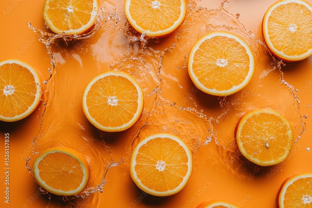 Poster sliced oranges splash in water on a vibrant orange surface. use this image for advertisements in the