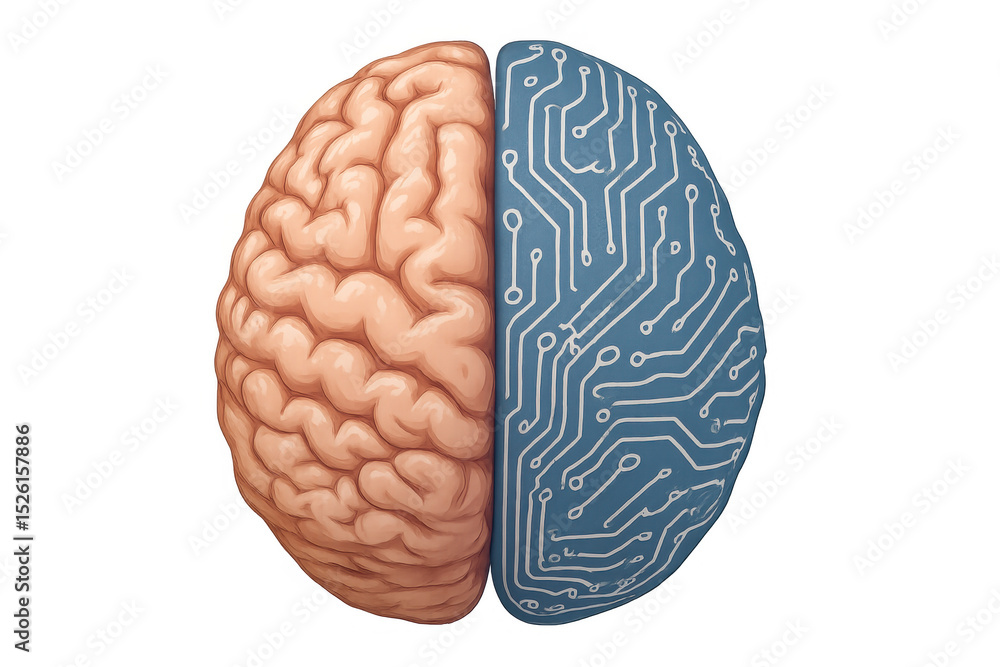 Poster organic brain transitioning into digital network, blending neural complexity with electronic pathway