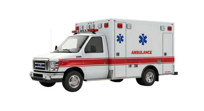White Ambulance with Red Stripes and Emergency Lights isolated on transparent background Generative Ai PNG  Emergency Services  Medical Transport 