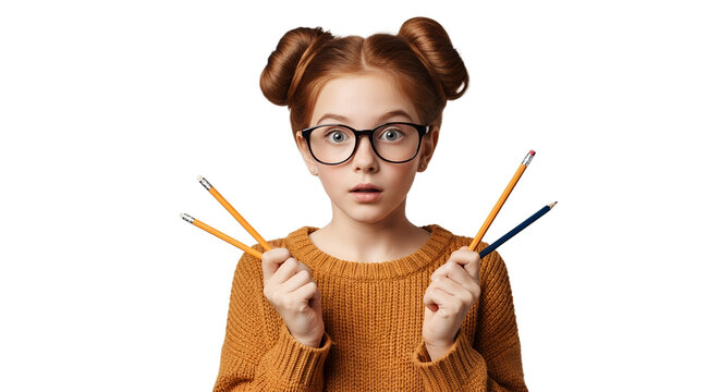 Surprised Young Girl with Red Hair Buns Holding Pencils  "Playful Youngster with Red Hair Buns and Colorful Pencils isolated on transparent background Generative Ai PNG 