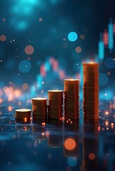 Coins stacked with digital stock market trend in background, representing investment growth, financial success and profit trends in economic analysis.