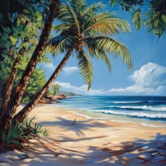 A serene beach scene with palm trees, a person walking on the sand, and a clear blue sky with white clouds.