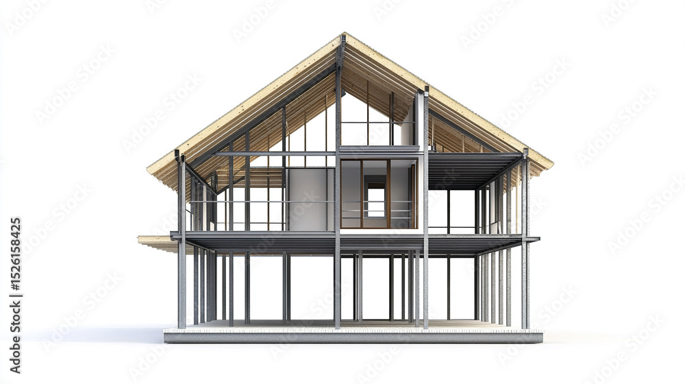 Poster Modern steel frame house design with lightweight structure and open spaces