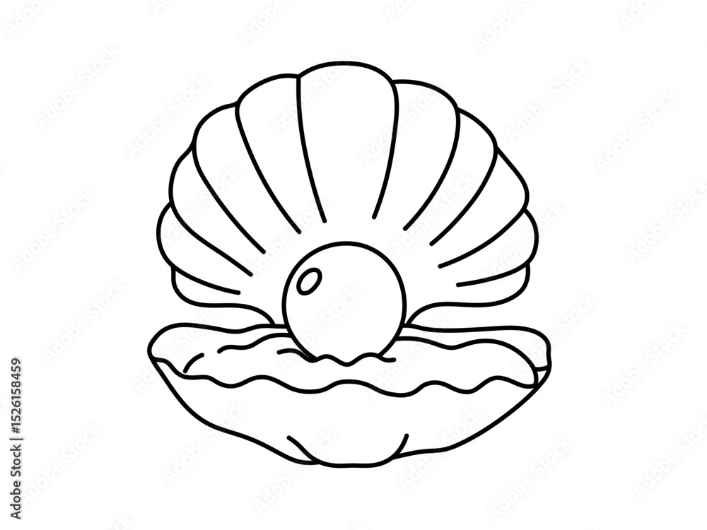 Poster vector isolated open oyster shell with pearl inside colorless black and white contour line easy draw
