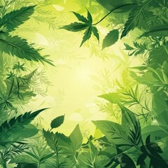A vibrant green and yellow abstract floral background with a mix of leaves, flowers, and branches
