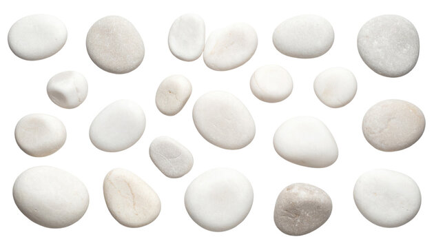 A collection of smooth, rounded white stones with varying shapes and sizes arranged in a scattered pattern. - Powered by Adobe