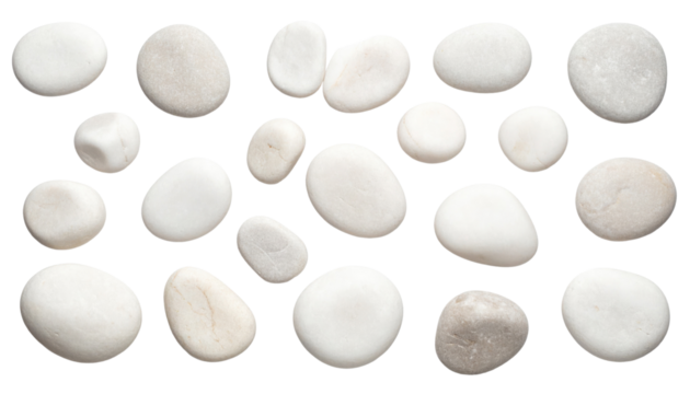 A collection of smooth, rounded white stones with varying shapes and sizes arranged in a scattered pattern.