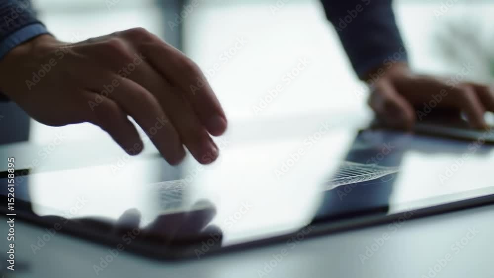Poster close up of a man using a digital tablet with his finger on a reflective screen, interactive technol