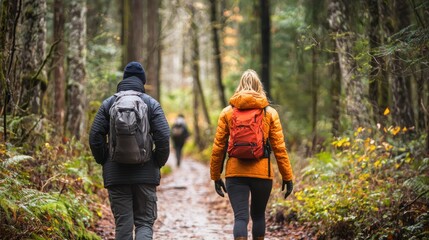Two people walking on a forest trail, wearing jackets and backpacks, with a woman leading the way.