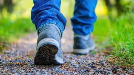 A person walking on a gravel path in a forest, wearing blue jeans and gray sneakers, with green grass and trees in the background.