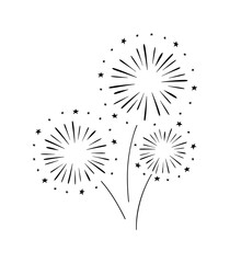 Fireworks, fireworks, festive lights. Sparks, stars, isolated on a white background, vector illustration. Black and white graphic silhouette of New Year's explosions. An element for a holiday