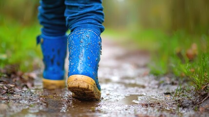 A child's feet in blue rubber boots walking on a wet, muddy path in a forest, with green grass and trees in the background.