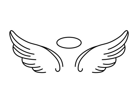 Vector isolated two pair angel wings with halo symmetrical colorless black and white contour line easy drawing