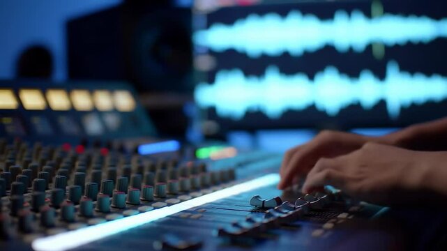 Man hands operating sound mixer. Music production at professional recording studio with audio waveform on screen. Footage.
