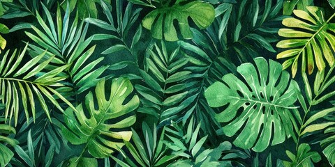 A vibrant tropical leaf pattern with green and yellow hues, set against a dark background.