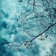 A frozen tree branch with snow-covered berries against a blue and white abstract background.