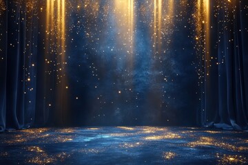 A stage with blue velvet curtains and golden sparkles raining down the background. Good for event announcements, magic shows, or special occasion backgrounds.