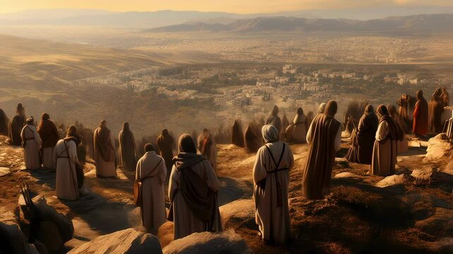A crowd of people gathered to listen to a sermon in the outskirts of Jerusalem, Sermon on the Mount. Biblical and religious scene