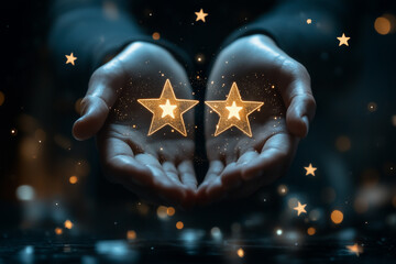 Golden Christmas stars illuminate a festive background with sparkling holiday decorations