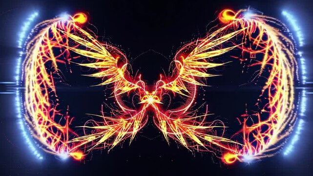 Dynamic visualization of a fiery phoenix rising in a digital realm with mesmerizing light patterns