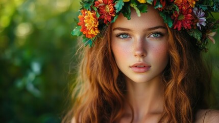 A woman with long, wavy red hair adorned with a floral wreath, standing in a lush, green garden with a blurred background.
