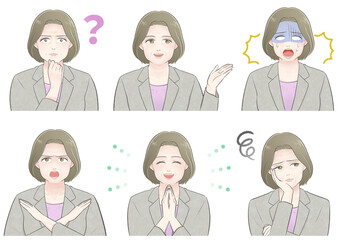 ライトグレースーツ姿のふっくらとした中高年女性のバストアップセットイラスト