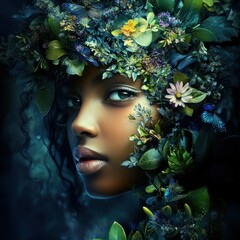 A woman with curly hair adorned with a floral crown, wearing a black dress, standing in a dark, forest-like setting with green foliage and butterflies.
