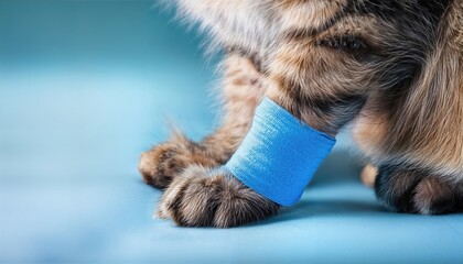 Fluffy Cat with Blue Medical Bandage Adorable Vet Visit Snapshot Capturing a Calm and Comforting Moment, Showcasing Soft Fur Textures and Serene Surroundings