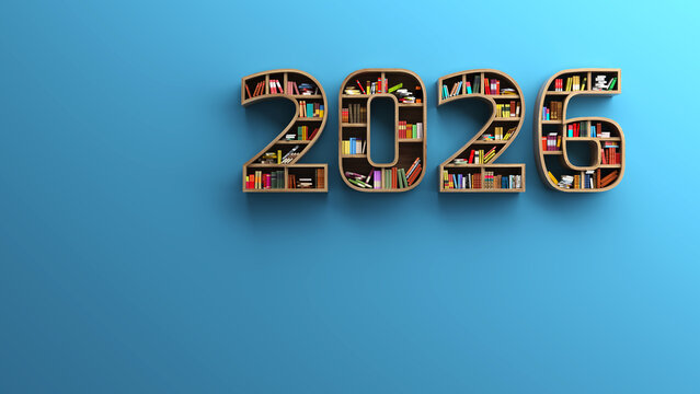 New Year 2026 Creative Design Concept with Book Shelf - 3D Rendered Image	
