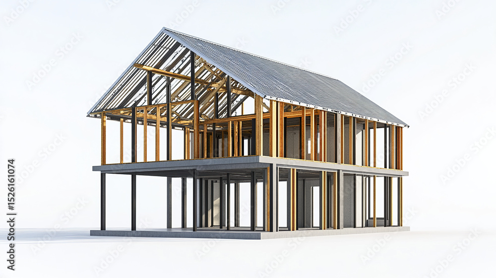 Poster modern steel frame house design with lightweight structure and open layout